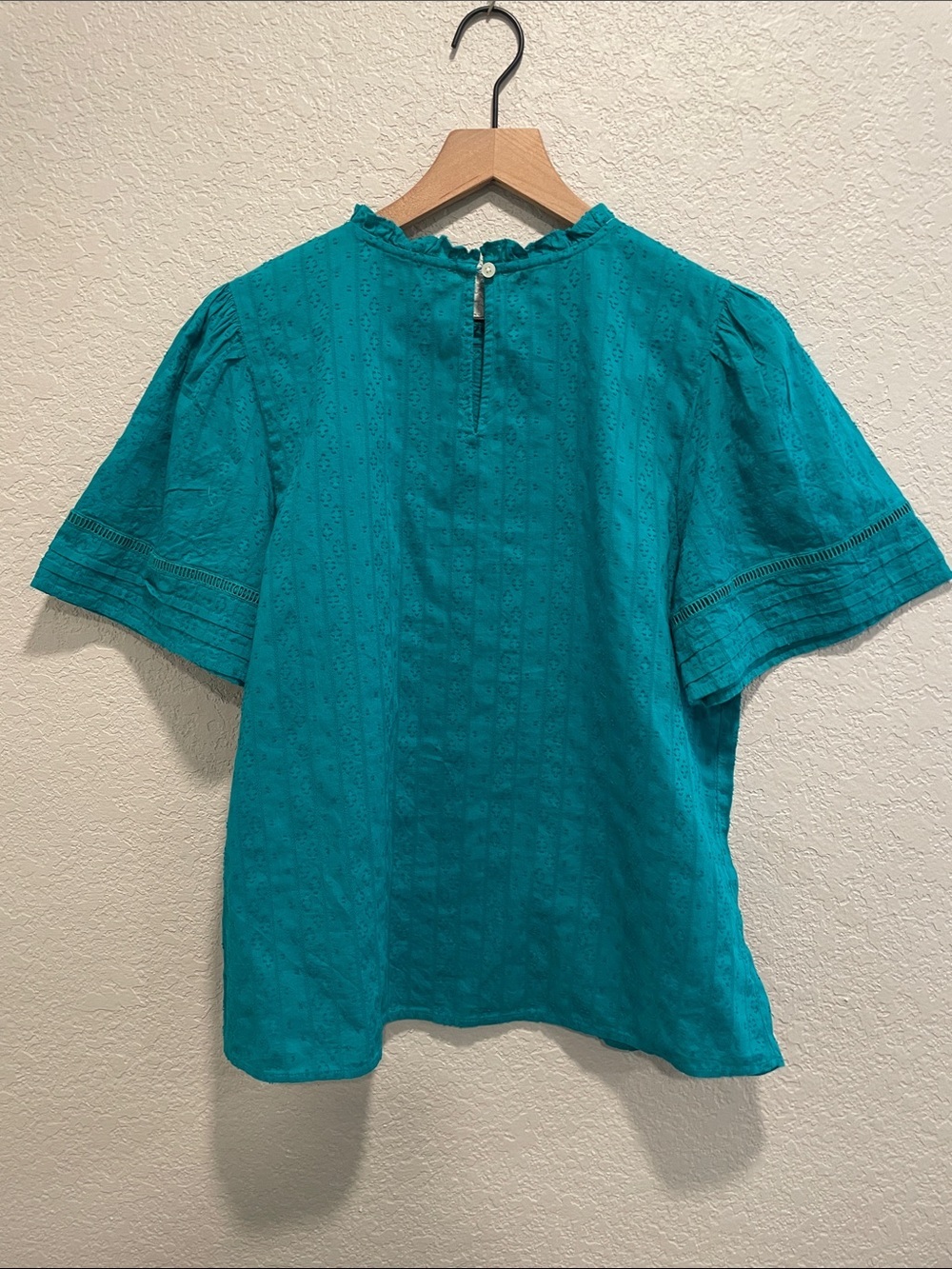 LOFT Teal Embroidered Cotton Blouse Size Medium Boho Pintuck Short Sleeve Top - Picture 6 of 6